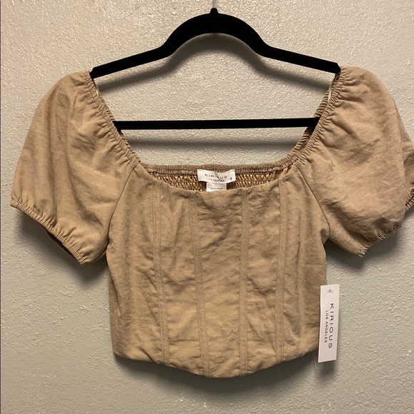 KIRIOUS LOS ANGELES Tops - KIRIOUS LOS ANGELES Tan Smocked Puff Sleeve Peasant Cottagecore Crop Blouse 3474
